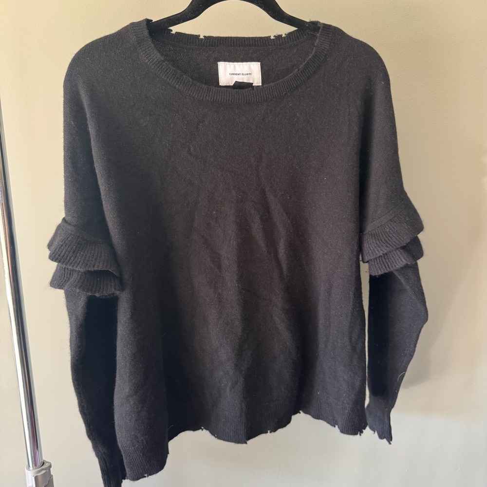 Current Elliott Women's Black Cashmere Wool Ruffle Sleeve Distressed Sweater 0